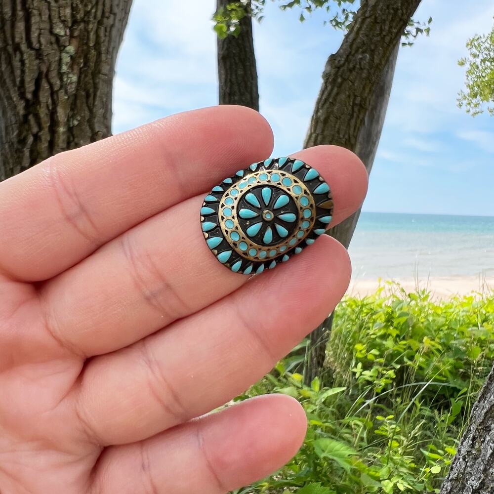 Turquoise resin and gold brass boho statement ring Size 5 1/2 - Picture 2 of 5